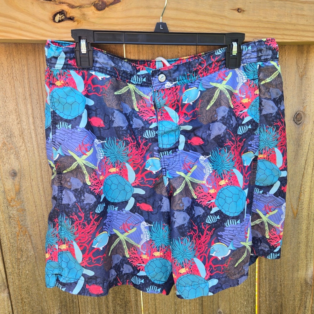 Southern Tide Skipjack Water Shorts Mens Large Sea Turtle Coral Swim Trunks Blue